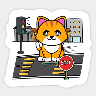 Cute orange cat is skate boarding on the street Sticker